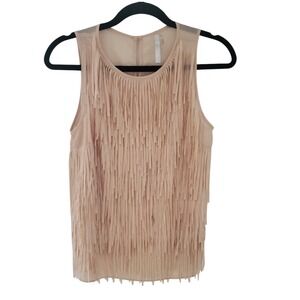 Sleeveless Fringe Front Tank Top Blush Pink Sheer Mesh Size S